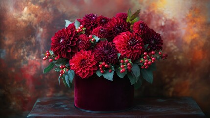 Dramatic autumn bouquet of deep burgundy dahlias and red berries in a lush dark red hat box with velvet ribbon © Yulia