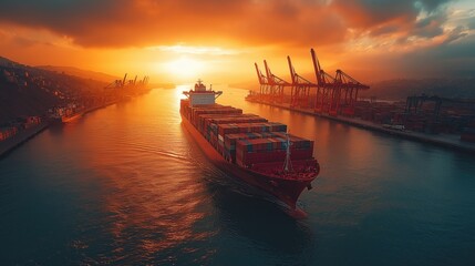 Fototapeta premium Cargo ship approaches a bustling port at sunset, greeted by automated cranes preparing for unloading operations