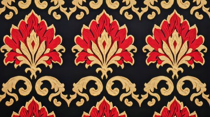 A seamless repeating pattern of red and gold stylized flowers on a black background.