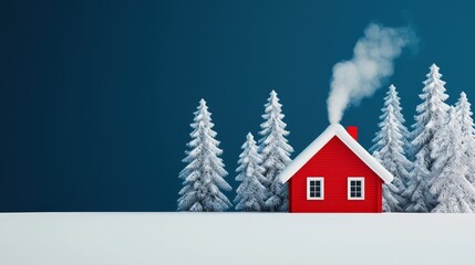 Naklejka premium Cozy Red Cabin in Snowy Forest with Smoke from Chimney Winter Wonderland Scene