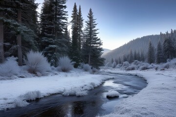Breathtaking Winter Scenery Featuring Evergreen Trees and a Icy Stream