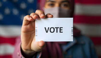Muslim Woman in a Mask Holding a Sign Saying Vote in Front of an American Flag