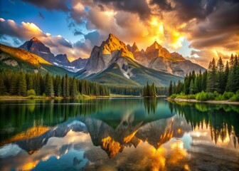 Dramatic mountain landscape awakens to a breathtaking sunrise, with soft golden light spilling across the valleys, and a peaceful lake mirroring the majesty of the towering peaks.