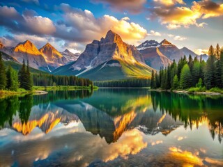 Obraz premium Tranquil Lake acts as a mirror to the heavens, flawlessly replicating the majestic mountain ranges as soft golden light seeps into the valley, amplifying the natural beauty of the surroundings.