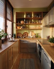 Fototapeta premium Small kitchen design with open shelving and clever storage solutions for urban apartments