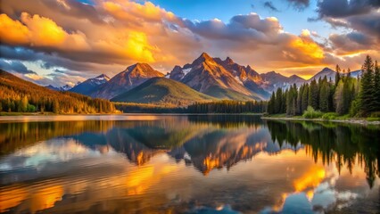 Golden Hour illuminates serene lake waters mirroring majestic mountain ridges as sunrise paints the sky with warm hues and long shadows.