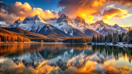 Snow-capped mountains dramatically rise from serene lake shores, set ablaze by vibrant golden hour light, which vividly highlights reflections, textures, and contrasts in a breathtaking panorama.