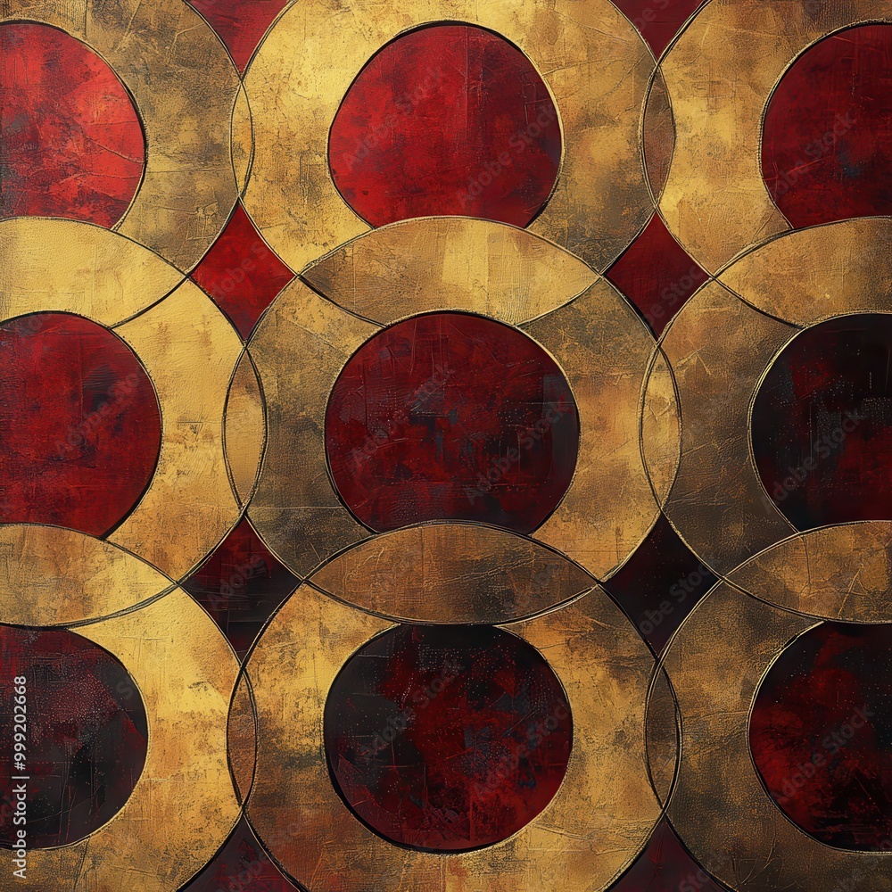 Poster abstract geometric pattern with gold and red circles and diamonds - modern art background texture.