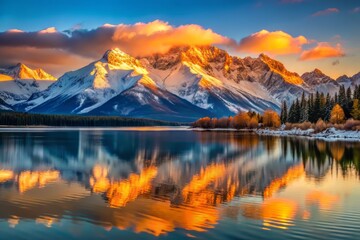 Snow-capped mountain range stretches across the horizon as golden hour light dances across the calm lake's surface, casting a warm glow on the surrounding landscape.