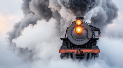 Steam Locomotive Emerging from Smoke Cloud   Vintage Train Transportation