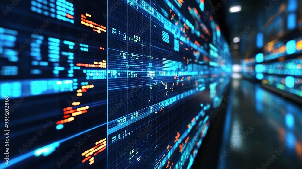 Poster abstract data stream with glowing lines and charts