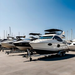 Boats on a trailer in the parking lot of a boat sports store for sale or rental, a sunny day with a blue sky in the background. luxury ship, maintenance, and parking place boat, marine industrial