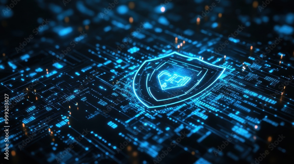 Poster futuristic digital shield with blue neon lights on circuit board background - cybersecurity and data