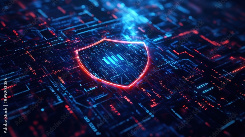 Poster digital shield protecting circuit board - cyber security concept.