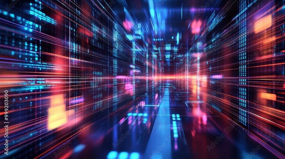Poster abstract futuristic technology background with glowing neon lights and digital code
