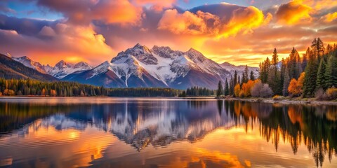 Fototapeta premium Calm lake reflects the majestic snow-capped mountains, bathed in the warm, golden light of dawn, with the sky ablaze in hues of pink, orange, and purple.