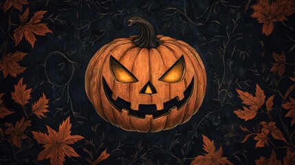 Glowing jack-o'-lantern with a carved scary face against a dark background with autumn leaves.