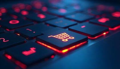 Close-up of a Shopping Cart Icon on a Red-Lit Keyboard