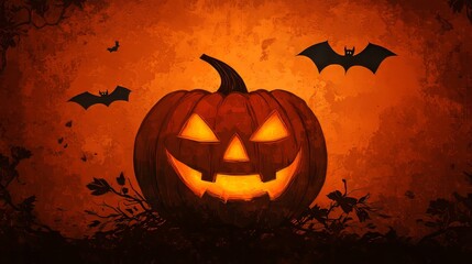 Glowing jack-o'-lantern with bats on a dark orange grunge background.