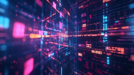 Fototapeta premium Abstract Digital Data Flow - Neon Blue and Pink Grid Lines in Dark Background.