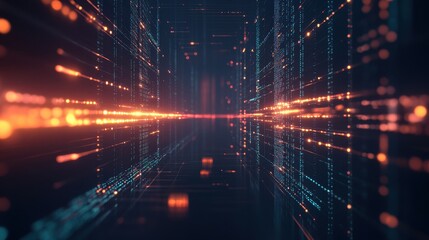 Abstract Digital Tunnel with Glowing Orange and Blue Lights - Futuristic Technology Background.