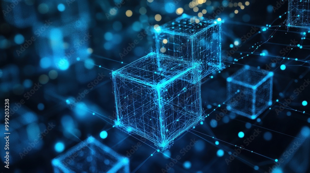 Poster abstract digital network with glowing blue cubes and lines - futuristic technology background