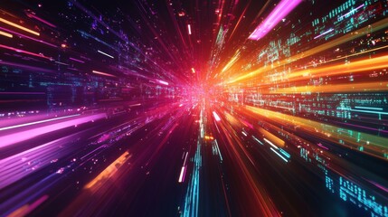 Naklejka premium Abstract Neon Light Streaks Background - Futuristic Digital Art.