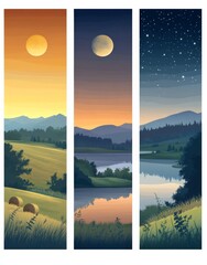 three  panels of countryside landscapes:  sunrise with  fields and distant mountains,  a sunset casting long shadows over hay bales ,  a twilight sky 