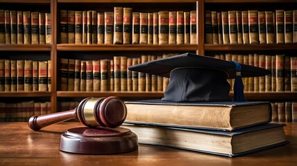 Law education, legal educational study, a school for lawyers, legislation, litigation, judicial knowledge learning concept with court judge gavel and textbook with a mortarboard on books in a library.