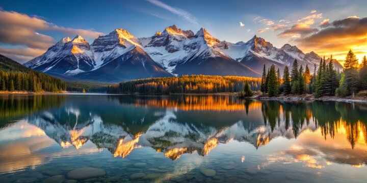 Soft, warm rays of the rising sun dance across snow-capped peaks, creating a sense of depth and dimensionality, while the calm lake's reflected beauty amplifies the scene's overwhelming grandeur.