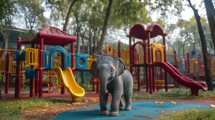 A playful baby elephant joyfully exploring a colorful children&rsquo;s playground on a bright sunny day