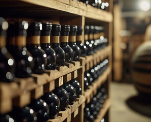 Rows of wine bottles on wooden shelves