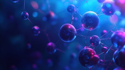 Abstract Blue and Purple Spheres Connected by Lines, Neon Light, Science Background.