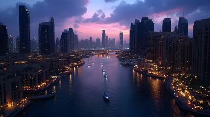 Cityscape with Waterway at Dusk, Boats and Skyscrapers
