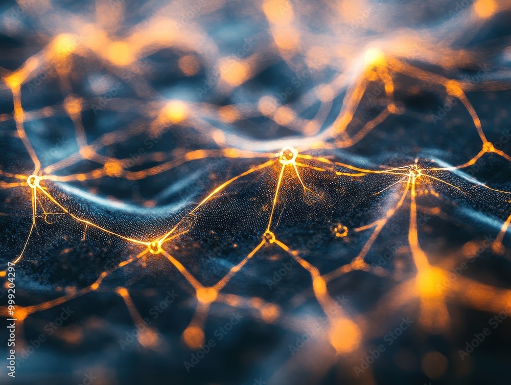 Aufkleber abstract network with glowing nodes and connections - digital technology concept.