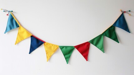 Bright festive bunting with triangular pennants on white background. Party wall decoration for a lively atmosphere.