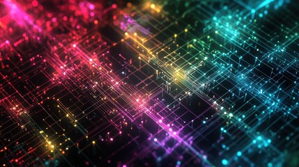 Naklejka premium Abstract Neon Grid Background with Glowing Lines and Points - Futuristic Technology Concept.