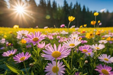 Obraz premium Stunning Macro Photography of Sunlit Floral Meadow Showcasing Spring Beauty