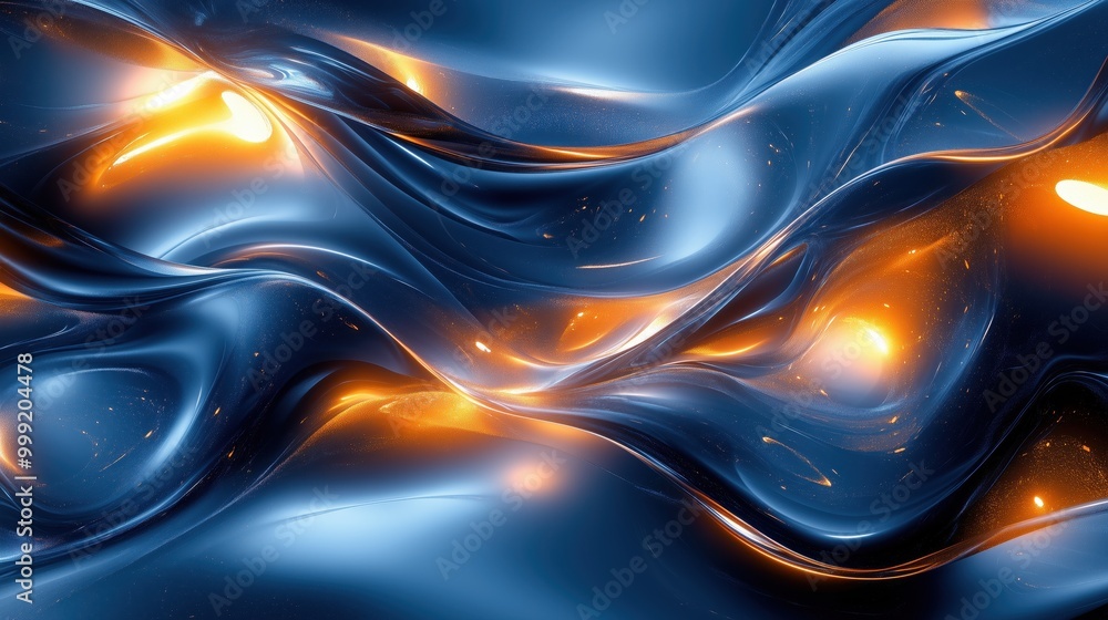 Poster a captivating journey through deep indigo and gold abstract forms illuminated by mesmerizing glowing