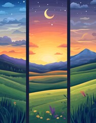  three distinct landscape panels：sunset over fields, rolling hills under a twilight sky with clouds and mountains,  crescent moon illuminating a serene nighttime meadow