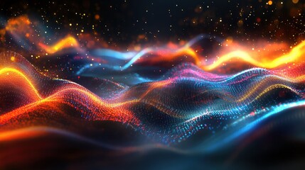 Obraz premium Abstract Digital Landscape with Wavy Lines, Red and Blue Lights, and Glowing Particles - Futuristic Technology Background