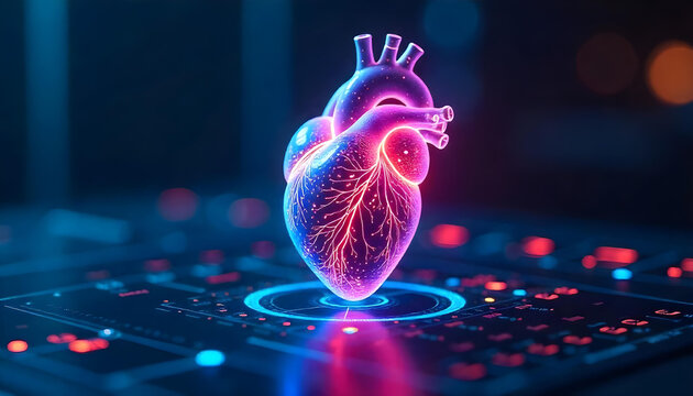 Glowing Human Heart on a Futuristic Technology Interface