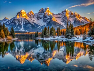 Snow-Covered Peaks Bask in Soft Morning Light with Calm Lake Reflections and Expansive Views