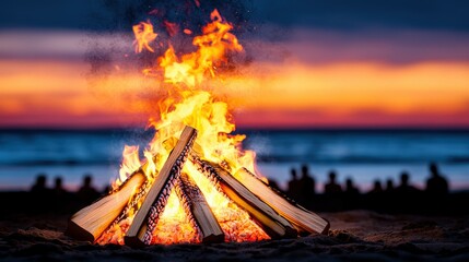 Fototapeta premium Beach Bonfire at Sunset with Friends Gathering Around