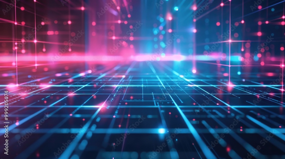 Poster abstract futuristic background with moving neon grid and glowing lines for technology visuals.