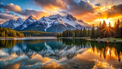 Rays of dawn illuminate snow-capped mountain range casting a warm glow on the serene lake below with mirror-like reflections and majestic vistas.