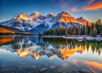 Rising Sun Illuminates Snow-Capped Peaks with Calm Lake Reflections