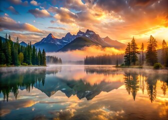 Tranquil Lake mirrors breathtaking sunrise with majestic mountains fading into gentle fog amidst serene atmosphere.