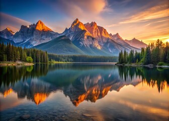 Dawn's Soft Light gently caresses the jagged silhouette of a mountain range, casting a warm glow on the still waters of a lake, emphasizing the grandeur of the landscape and its serene atmosphere.