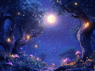 Naklejka premium Enchanting Forest at Night with Glowing Mushrooms and Full Moon.